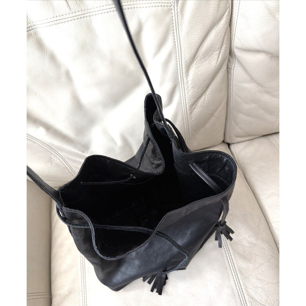 Leather Bucket Bag Handcrafted in USA Black The Podolls Drawstring Hobo Western - Picture 10 of 16